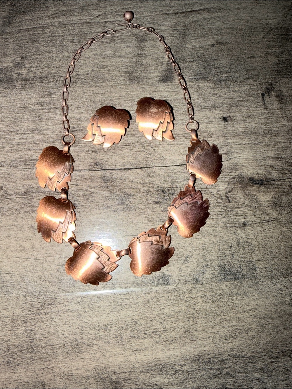 Vintage 1950’s Copper Leaf Statement Necklace and Clip on Earring Set